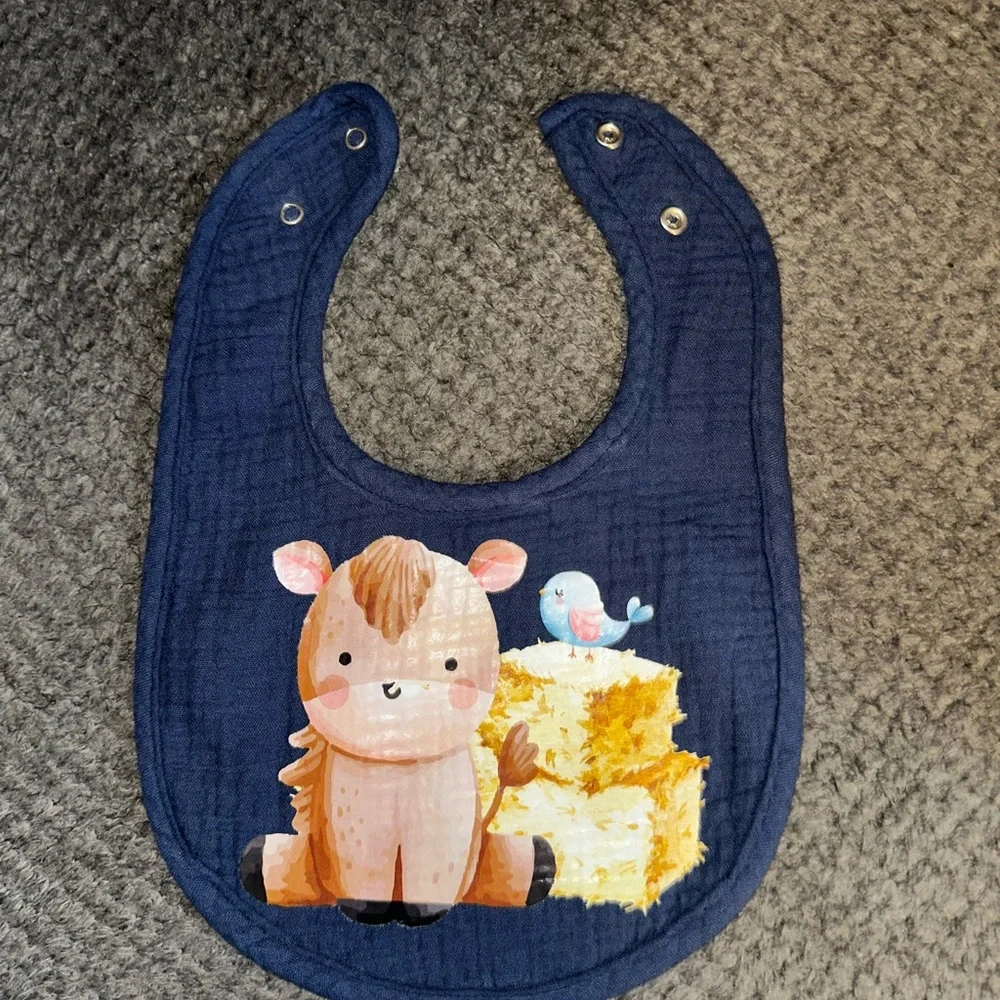 NEW Handcrafted Horse With Bird Baby Bib- Blue